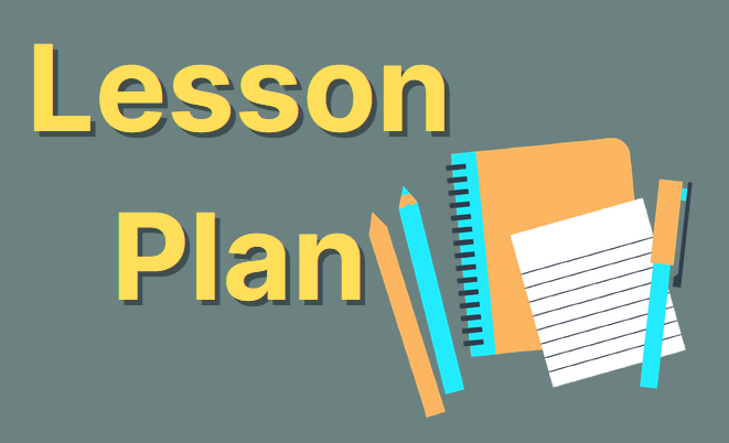 Icon showing the words Lesson Plan next to a notebook, paper, and pen